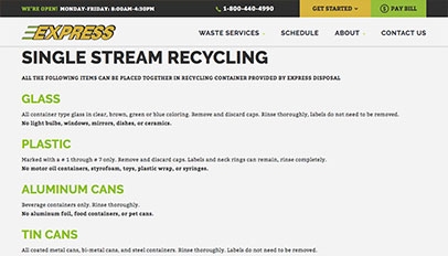 Express Disposal website - Subpage